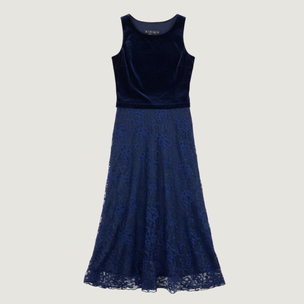 VTG 90s Hype Velvet Lace Maxi Dress Girls 7 Navy Blue Formal Holiday Floral